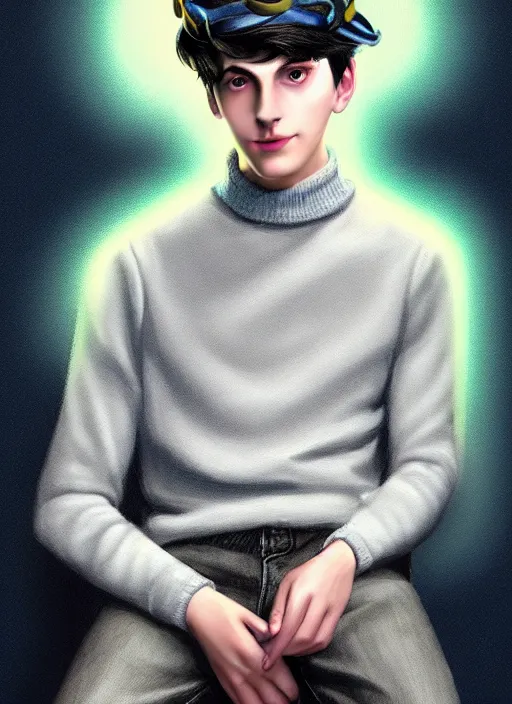 Image similar to portrait of teenage jughead jones wearing a light grey crown, crown, blue turtleneck, 1 9 5 0 s, closed eyes, photorealistic, black hair, glowing lighting, intricate, elegant, glowing lights, highly detailed, digital painting, artstation, concept art, smooth, sharp focus, illustration, art by wlop, mars ravelo and greg rutkowski