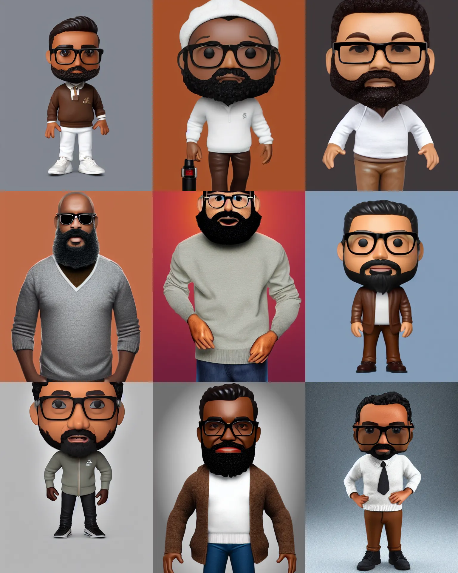 Prompt: full body 3d render of brown man with beard wearing tobacco brown pullover, glasses, white collar, as a full body funko pop!, studio lighting, grey background, single body, no shadow, blender, trending on artstation, 8k, highly detailed