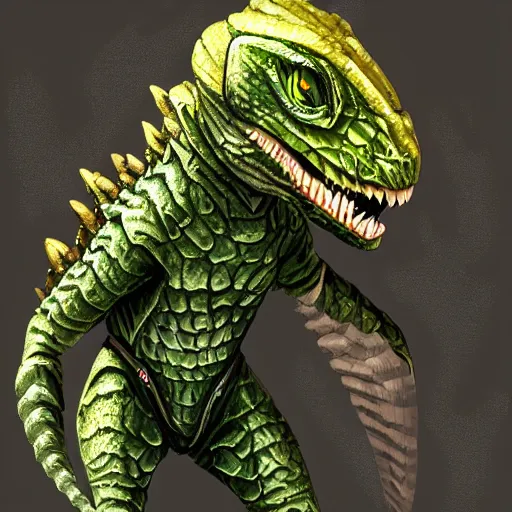 Prompt: full portrait of a lizard wearing rogue armor, Lizardman thief, D&D, fantasy setting, digital painting, highly detailed, concept armor, sharp focus