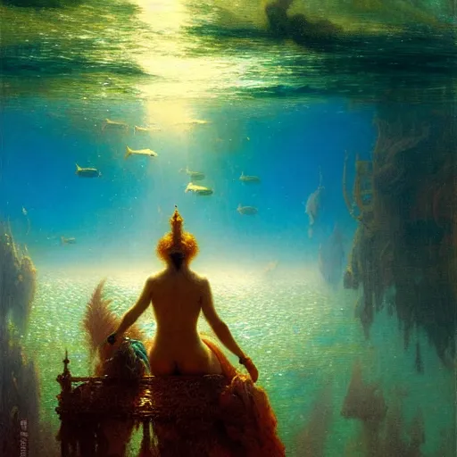 Image similar to point of view of deep in the ocean looking up, you see fishes, higher the milk way, night time, midnight. highly detailed painting by gaston bussiere, greg rutkowski 8 k