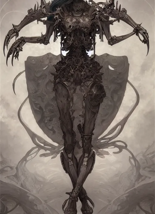 Image similar to Skeleton warrior, symmetrical, D&D character art, portrait, digital painting, Nekro, Peter Mohrbacher, Alphonse Mucha, Brian Froud, Yoshitaka Amano, Kim Keever, Victo Ngai, James Jean