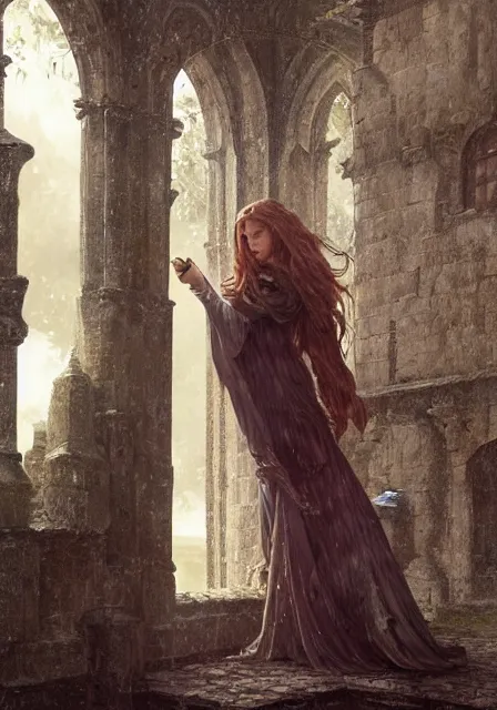 Image similar to sansa stark in foggy ruins of castle, intricate, elegant, highly detailed, digital painting, artstation, concept art, smooth, sharp focus, illustration, art by artgerm and greg rutkowski and alphonse mucha and william - adolphe bouguereau