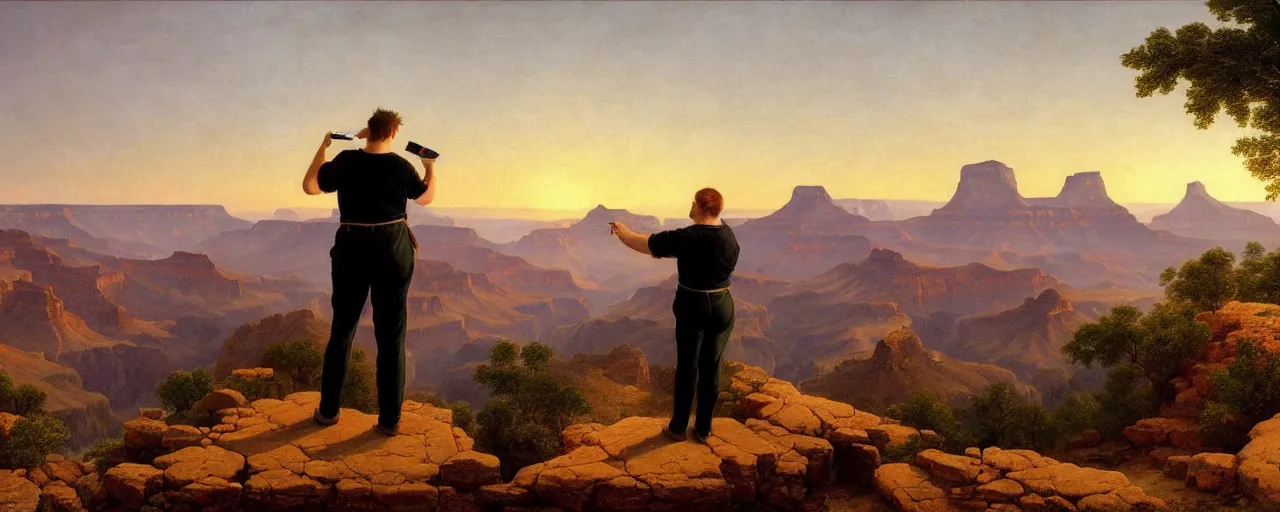 Prompt: romantic painting, wide shot of a chubby man in wearing a t - shirt and jorts ( looking at his cellphone )!!!!!! in front of a the grand canyon at sunrise, highly detailed, sublime, hyperrealistic, painted by caspar david friedrich and albert bierstadt, trending on artstation 8 k