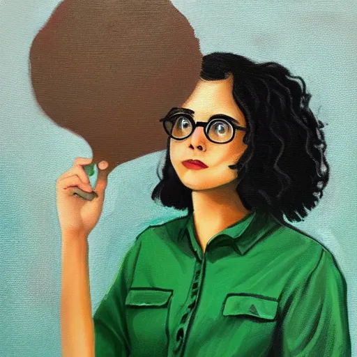Prompt: a cute woman with curly black hair wears a green shirt, she wears harry potter glasses, oil painting