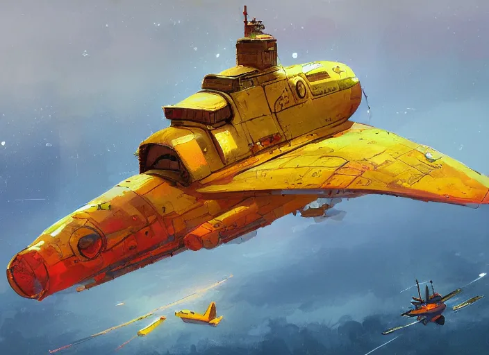 Image similar to a painting of a futuristic yellow submarine plane flying through the sky, red wings, concept art by Ian McQue, cgsociety, highly detailed, artstation, concept art, sci-fi