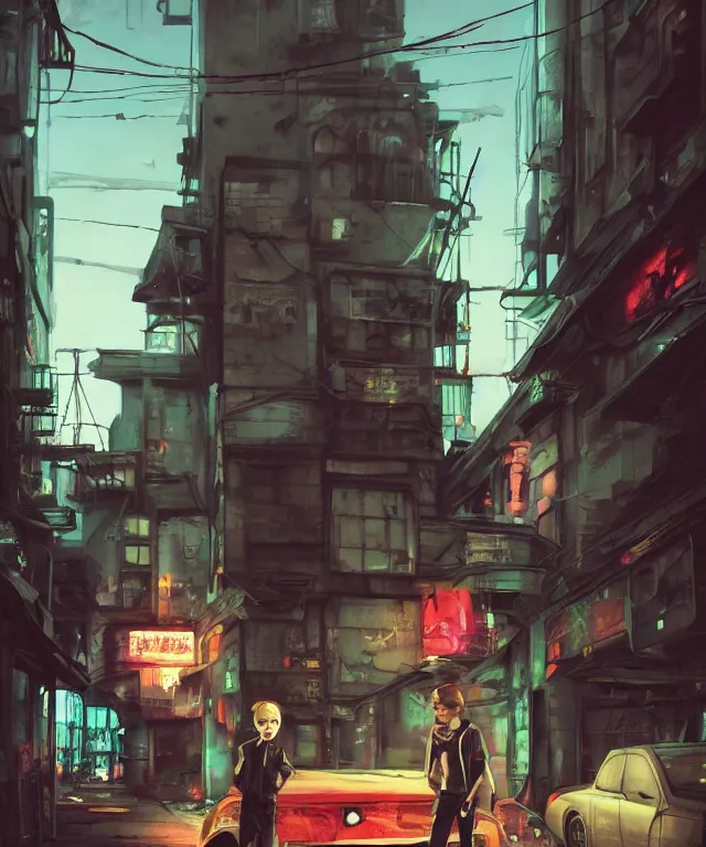 Image similar to a highly detailed contemporary painting of a tiny boy in a Jumpsuit standing in a dark alley, abandoned buildings with graffiti, a nightclub with neon sign, menacing skyline by Studio Ghibli, Makoto Shinkai, by Artgerm, by WLOP, by Greg Rutkowski, volumetric lighting, cyberpunk, octane render, 4K resolution, trending on artstation, masterpiece