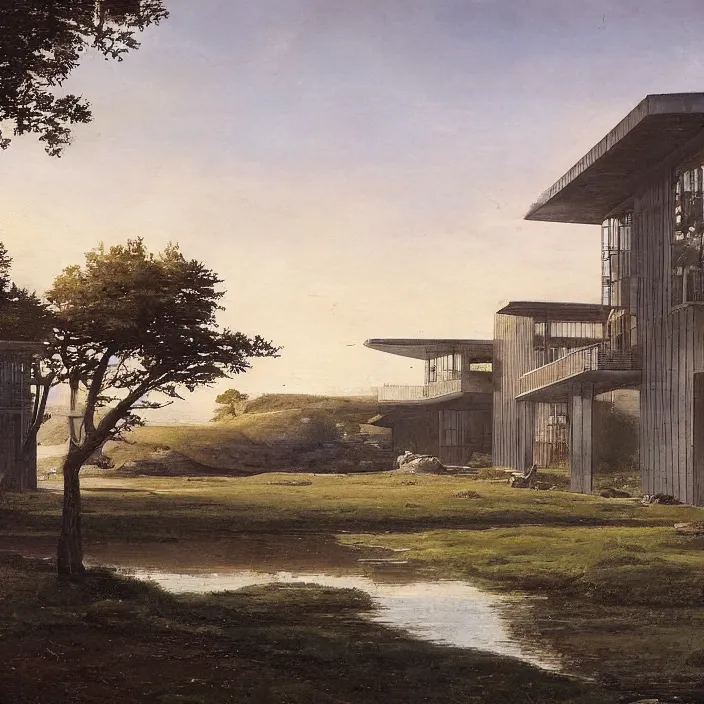 Prompt: a building in a serene landscape, military science fiction