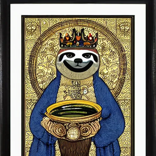 Image similar to sloth as the king of cups, framed, intricate details, medieval art style, posterized