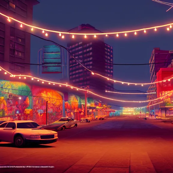 Image similar to Downtown Mexico, string lights, colorful lighting, night, realism, gta 5 screenshot, by Tooth Wu, by Lienzo Óleo Paisaje, by Greg Rutkowski