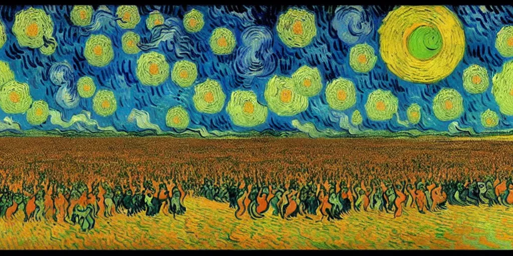 Image similar to the moment of victory of heaven forces in last judgment day, style of edgar allan po and vincent van gogh