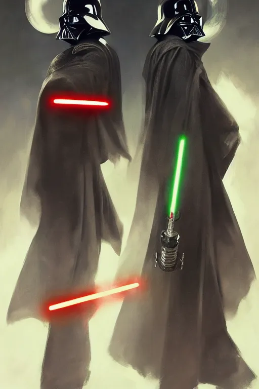 Image similar to Darth Vader dual-wielding lightsabers, highly detailed, digital painting, Trending on artstation , HD quality, by artgerm and greg rutkowski and alphonse mucha, dramatic light, octane