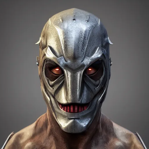 Prompt: a realistic demodus draculae steel mask, epic scale, character concept art, face symmetry, intricate accurate details, artstation trending, octane render, cinematic color grading, soft light, rule of thirds, golden ratio, like a professional model, cinematic, 8 k, clear.
