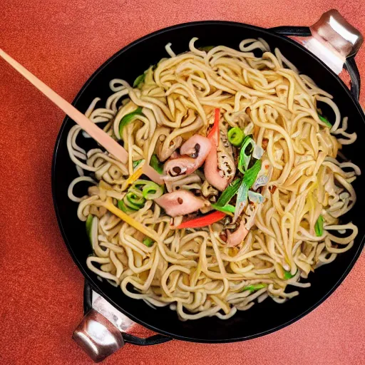 Prompt: a pot full of squid yakisoba inside a chinese restaurant, 4K photo, zoom, award winning, background blur