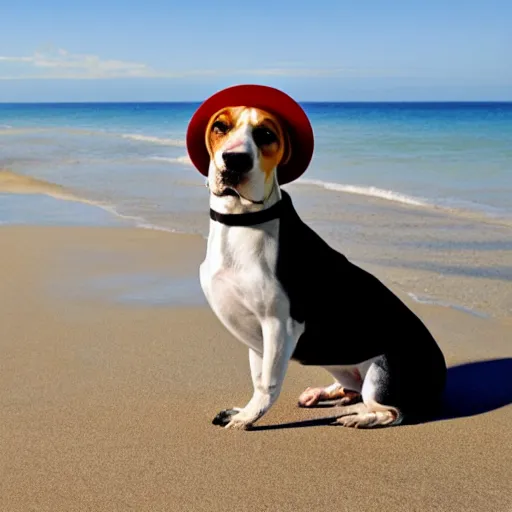 Image similar to a beagle in summer beach wearing hat