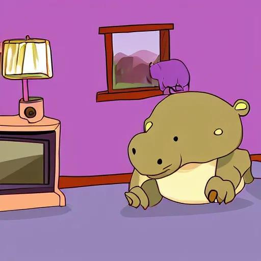 Prompt: a baby hippo lives in a cozy house. it likes to watch tv in the family room. digital art.