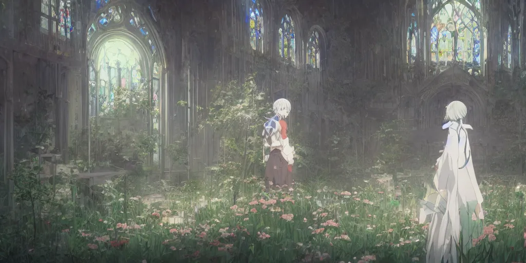 Prompt: anime kyoto animation key by greg rutkowski night, single white hair girl from behind, in abandoned chapel with overgrown flowers and plants