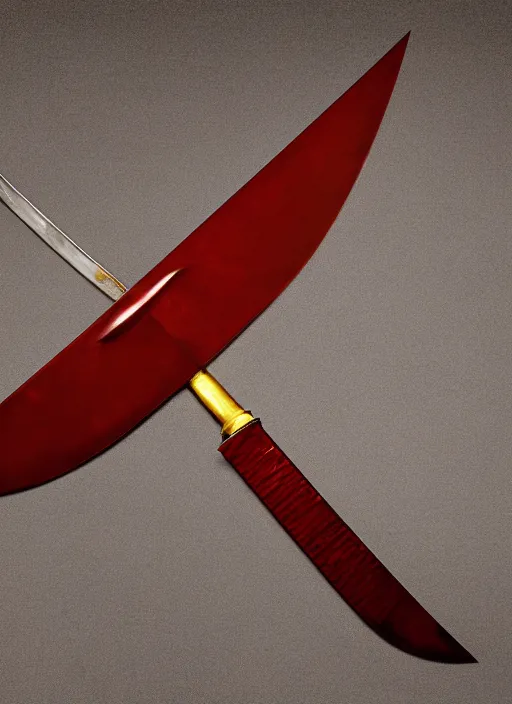 Image similar to 500mm photo of a dark red liquid blade sword with a golden handle, museum exhibit