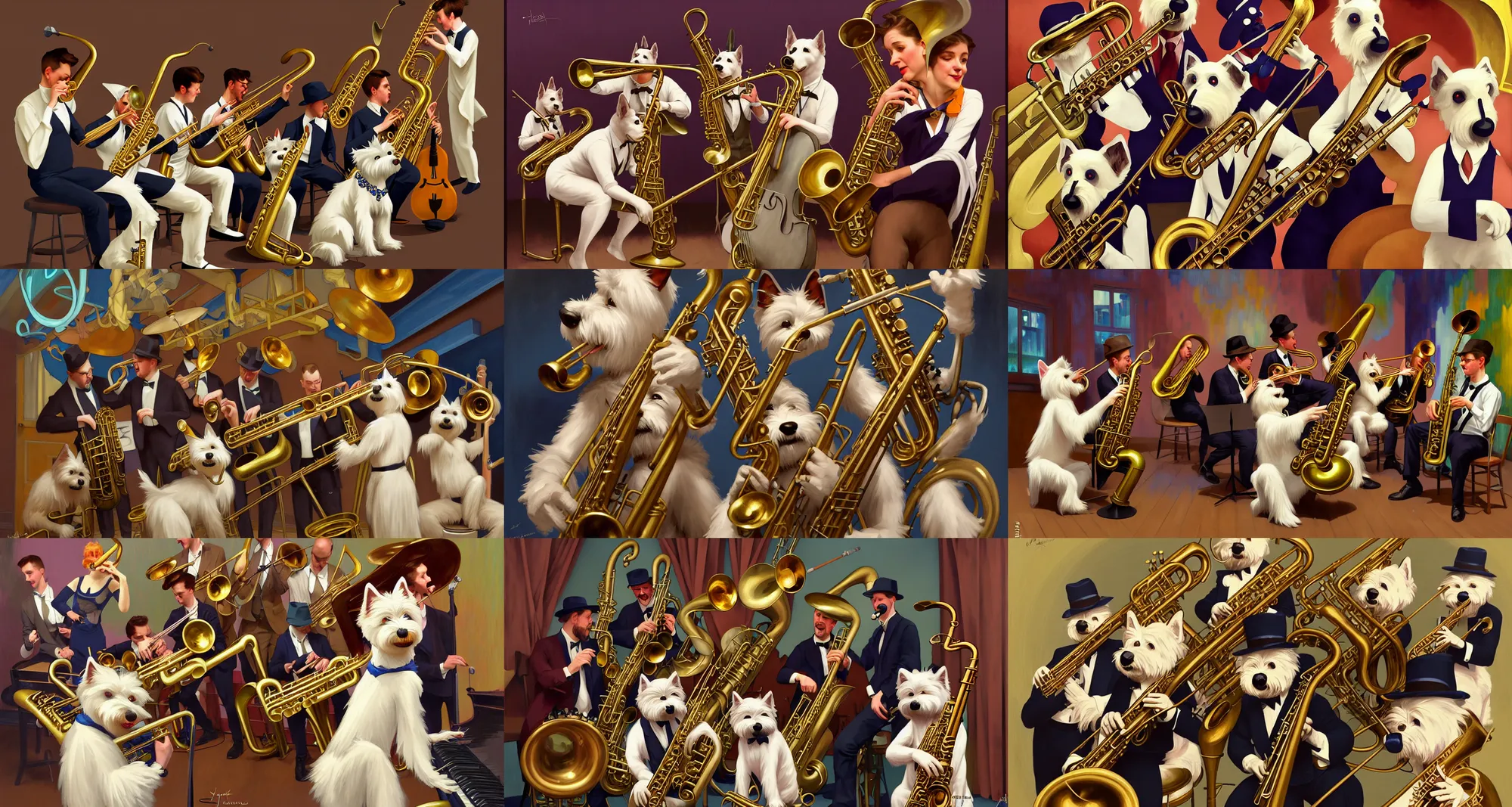 Prompt: photo of anthropomorphic westie jazz band performancing at blue note jazz club, digital painting, artstation, illustration, concept art, smooth, sharp focus, art by john collier and albert aublet and krenz cushart and artem demura and alphonse mucha