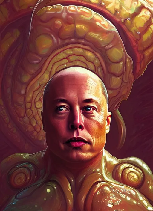 Image similar to elon musk as slimy mollusk character, drool, far shot!!!, wide angle, highly detailed, digital painting, artstation, concept art, wallpaper, smooth, sharp focus, illustration, art by h. r. giger and artgerm and greg rutkowski and alphonse mucha