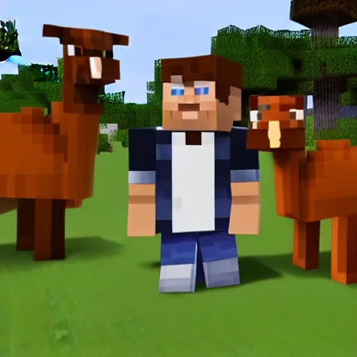 Image similar to donald trump riding a llama in minecraft