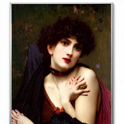 Image similar to a renaissance oil painting close shot face portrait by alma tadema of a demon vampire fangs beautiful woman touching neck, sapphire jewellery, colourful pastel, detailed academic bouguereau, sharp focus, high contrast studio lighting