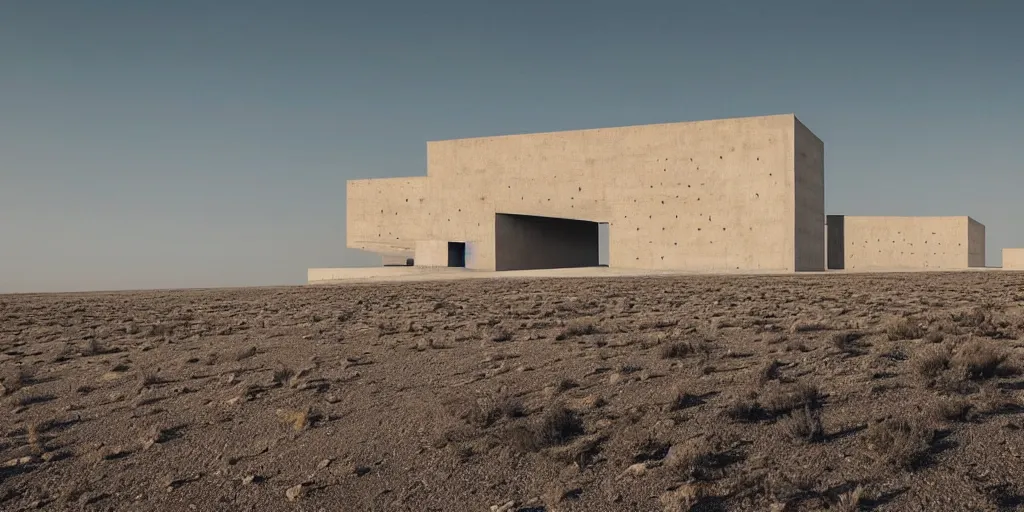 Image similar to imposing geometric concrete buildings in a barren desert wasteland