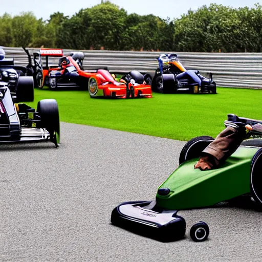 Prompt: formula 1 but lawnmowers instead of cars