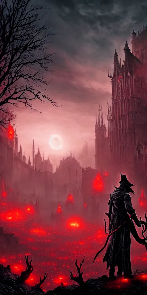 Image similar to populated bloodborne old valley with a dark person at the centre and a ruined gothic city in the background, trees and stars in the background, falling red petals, epic red - orange moonlight, perfect lightning, wallpaper illustration by niko delort and kentaro miura, 4 k, ultra realistic