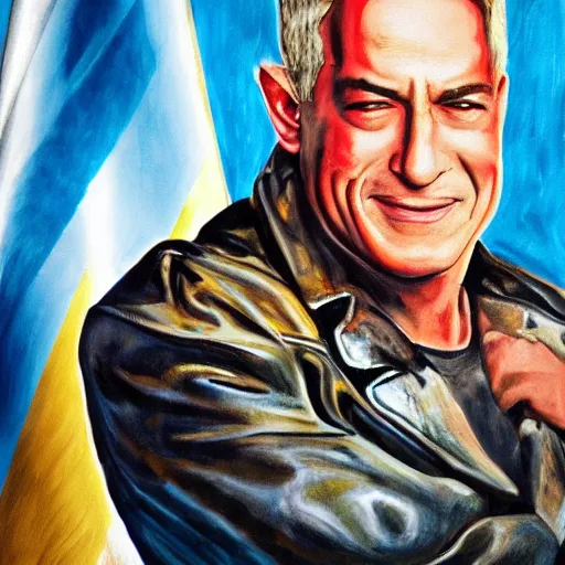 Image similar to a portrait of the terminator smiling as benjamin netanyahu, positive colors, warm