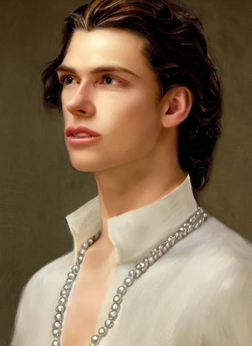 Prompt: a skinny young white male with long slicked back curly hair close-up portrait of young white male wizard, with white hair shoulder length slicked back hair, with pearl necklace and pearl earing, in the museum, in white turtleneck shirt, Tarzan, painting in the museum, highly detailed, sharp focus, digital painting, artwork by Kinkade, by Victor Adame Minguez by Tom Lovell by Leyendecker by Sandro Botticelli