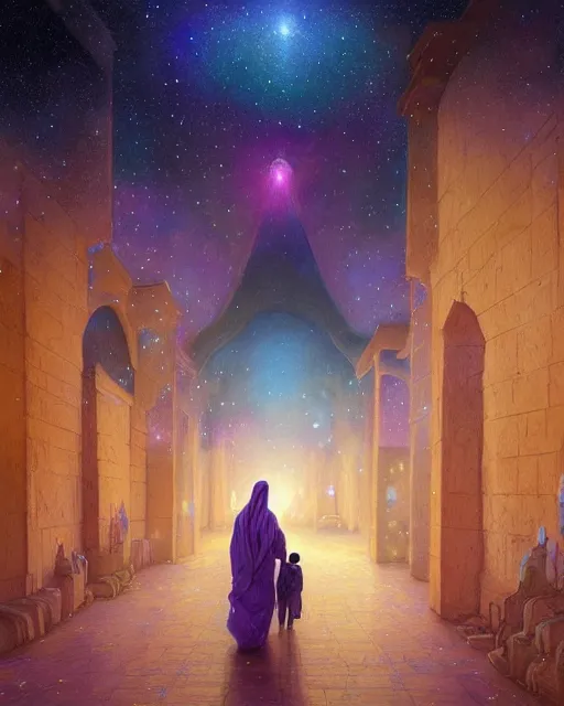 Image similar to bedouin man and woman and child in galaxy walking towards mosque surrounded by nebula, highly detailed, gold filigree, romantic storybook fantasy, soft cinematic lighting, award, disney concept art watercolor illustration by mandy jurgens and alphonse mucha and alena aenami, pastel color palette, featured on artstation