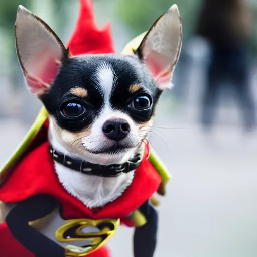 Prompt: chihuahua as robin from dc, dslr photo