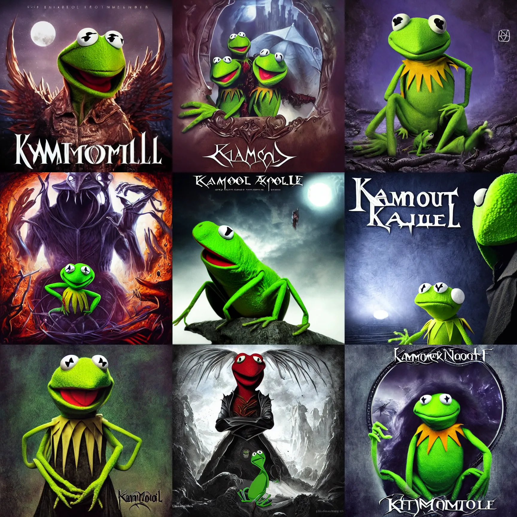 Image similar to kamelot album cover featuring kermit the frog, art by stefan heilemann, power metal album cover, gothic fantasy, trending on artstation