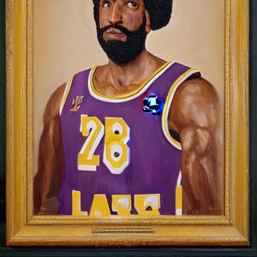 Image similar to official portrait of the los angeles lakers dictator, 1 7 8 0, in full lakers military garb. oil on canvas by william sidney mount, oil on canvas, octane render