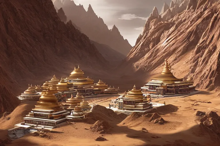 Prompt: lhasa!! tibetan buddhist monastery on mars!!, stunning landscape, exterior wide shot, volumetric, epic, cinematic, highly detailed, intricate, by raphael lacoste, eddie mendoza, alex ross, pilar gogar, stephan martiniere, matte painting, 8 k hdr