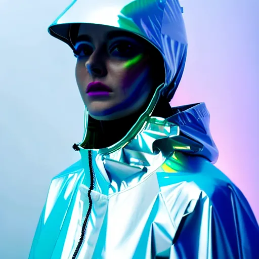 Image similar to an ultra high definition professional studio quality photograph of an artificial celebrity cyberpunk pop star wearing a transparent iridescent perspex pastel coloured face visor and matching raincoat on white coat hook in an icelandic black rock environment. dramatic lighting. volumetric shadows. light rays