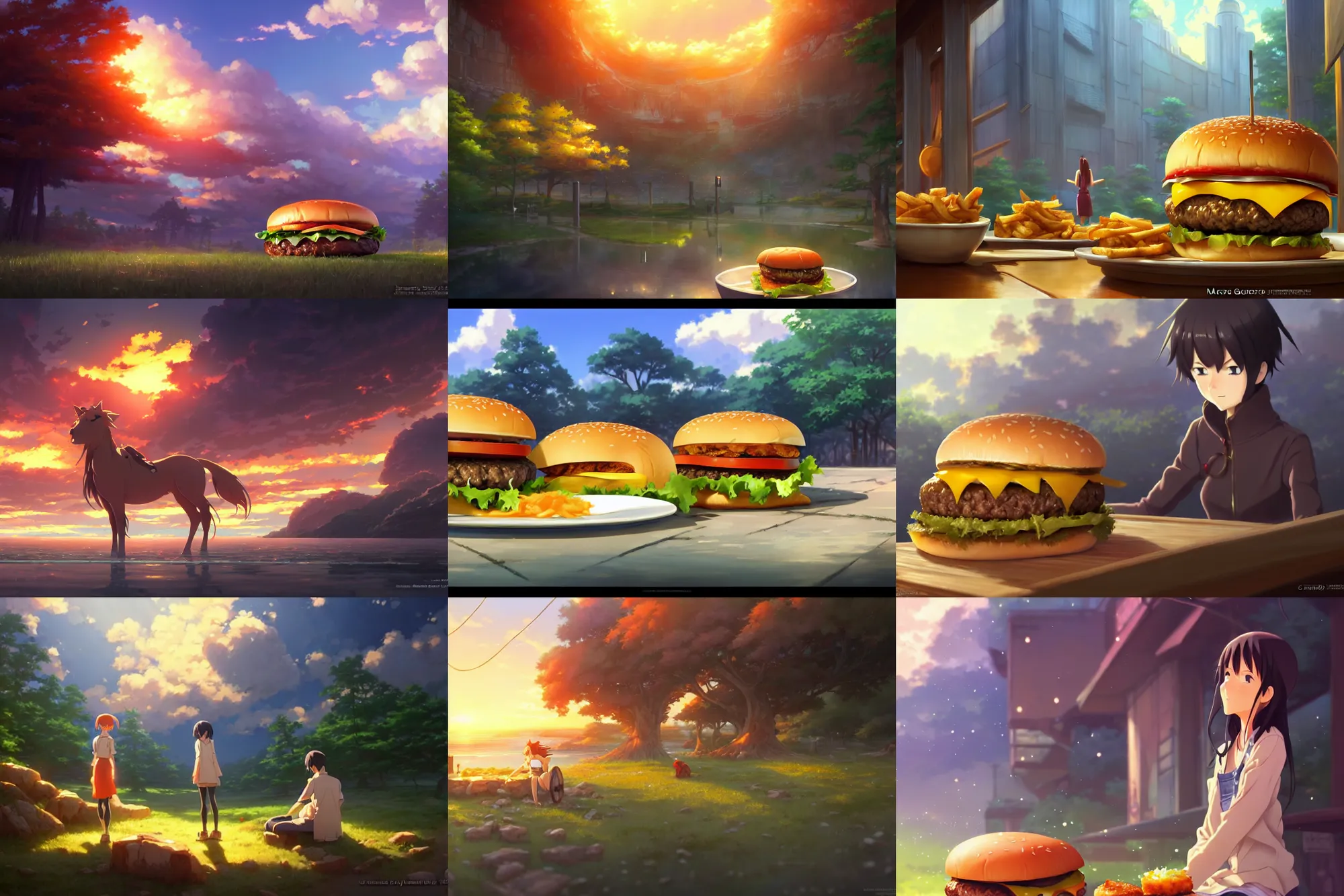 Prompt: a delicious cheeseburger, key visual, a fantasy digital painting by makoto shinkai and james gurney, trending on artstation, highly detailed