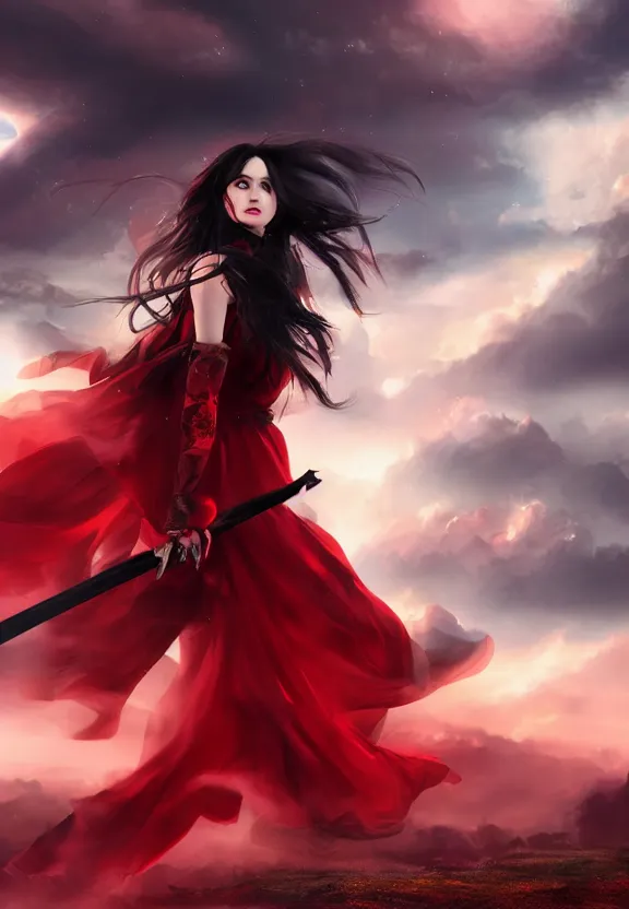 Prompt: a beautiful fierce long black haired woman wearing red dress wielding black sword posing gracefully heroically, heavenly moonlit clouds background, close up shot, artstation, extremely detailed woman, stunning volumetric lighting, hyper realism, fantasy 4k