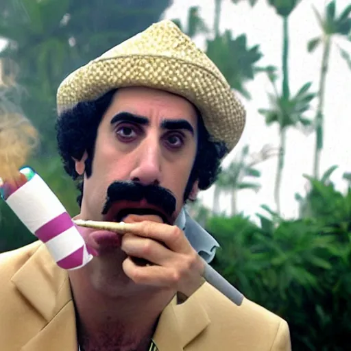 Image similar to Sacha Baron Cohen as borat smoking a giant rolled cannabis cigarette, smoke, 8k, hyper-detailed