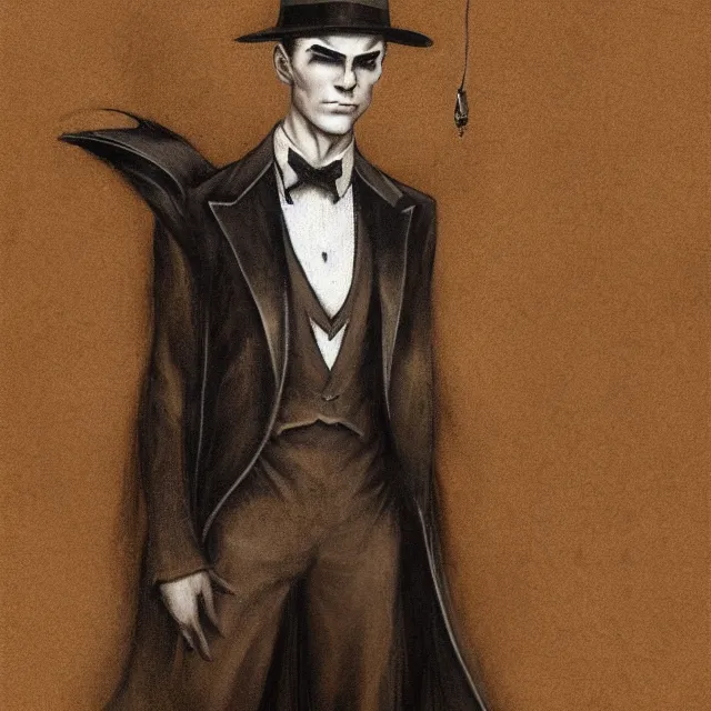 Prompt: photorealistic sepia full - head portrait of a 1 9 2 0 s era smirking male occultist, well dressed, long - tailed tuxedo coat, atmospheric lighting, dark, brooding, painted, intricate by frank frazetta, ultra detailed, well composed, best on artstation, cgsociety, epic, stunning, gorgeous, intricate detail, much wow, masterpiece