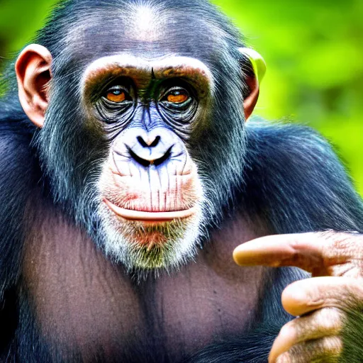 Prompt: chimpanzee looking curiously at a postbiological transhuman cyborg, hd photograph