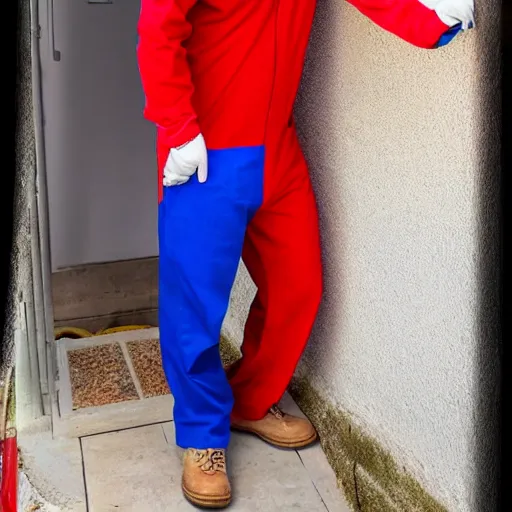 Image similar to italian plumber wearing a red hat and shirt, blue jumpsuit.