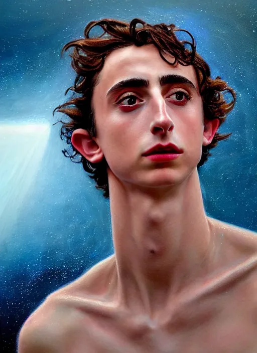 Image similar to hyperrealistic close-up TIMOTHEE CHALAMET as a Pleiadian! highly detailed concept art eric zener elson peter cinematic hard blue lighting high angle hd 8k sharp shallow depth of field, inspired by David Paul Cronenberg and Zdzisław Beksiński