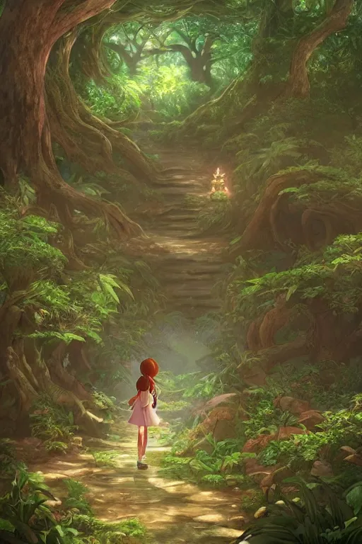 Image similar to forest path, fairy, beautiful ancient trees, hiding large treasure chest, glowing fireflies, serene evening atmosphere, soft lens, soft light, cel - shading, animation, in the style of cgsociety, deviantart, artstation, zbrush, cinema 4 d, studio ghibli, akihiko yoshida, atelier lulua, masamune shirow