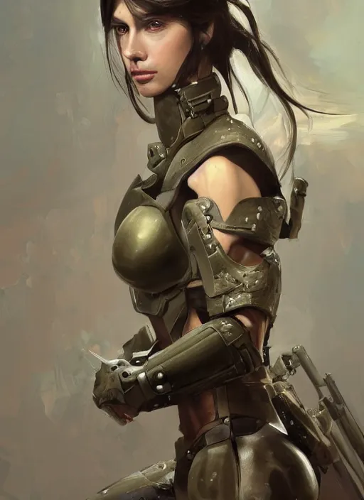 Image similar to a professionally painting of an attractive young female, partially dressed in military armor, olive skin, long dark hair, beautiful bone structure, perfectly proportioned, symmetrical facial features, intricate, elegant, heroic pose, digital painting, concept art, illustration, sketch-like, sharp focus, finely detailed, from Metal Gear, by Ruan Jia and Mandy Jurgens and William-Adolphe Bouguerea, trending on Artstation, award winning