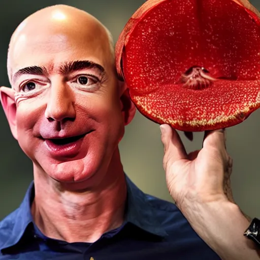 Prompt: portrait photo of jeff bezos finding a giant red mushroom, exhilarated, portrait, closeup. mouth open, 30mm, bokeh