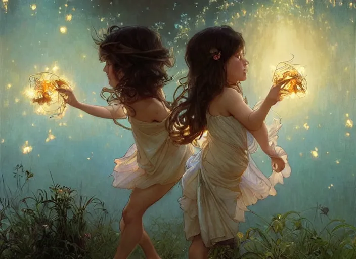 Image similar to A cute little girl with shoulder length curly brown hair and a cute little boy with short blonde hair dancing with fireflies. beautiful fantasy art by By Artgerm and Greg Rutkowski and Alphonse Mucha, trending on artstation.
