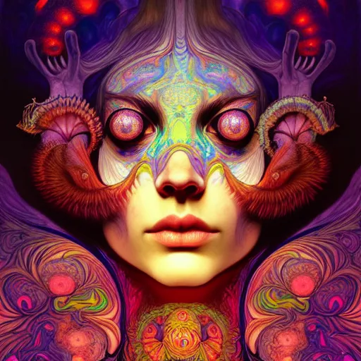 Image similar to An extremely psychedelic experience of the third eye opening, colorful, surreal, dramatic lighting, magic mushrooms, psilocybin, LSD, face, detailed, intricate, elegant, highly detailed, digital painting, artstation, concept art, smooth, sharp focus, illustration, art by Krenz Cushart and Artem Demura and alphonse mucha