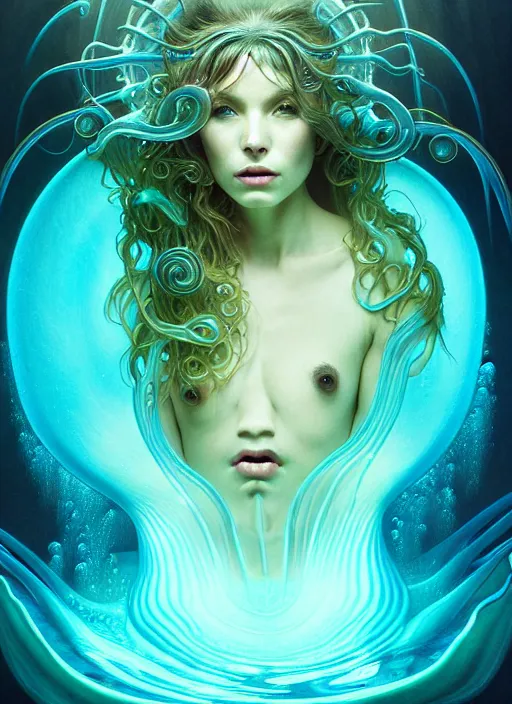 Image similar to an underwater photographic beauty portrait of an anthropomorphic bioluminescent liquid wave, dramatic murky volumetric lighting, fantasy, intricate, elegant, highly detailed, digital painting, artstation, concept art, smooth, sharp focus, illustration, art by artgerm and h r giger and alphonse mucha