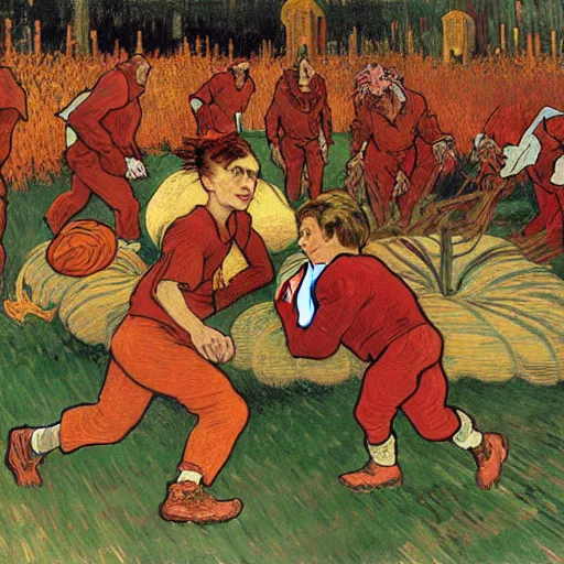 Image similar to painting of arkansas razorbacks playing football with pumpkins at the halloween! party, bubbling cauldron!, candles!, graveyard, gravestones, ghosts, smoke, autumn! colors, elegant, wearing suits!, clothes!, delicate facial features, art by alphonse mucha, vincent van gogh, egon schiele